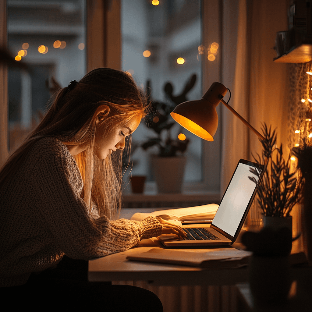 Student working in purple ambiance