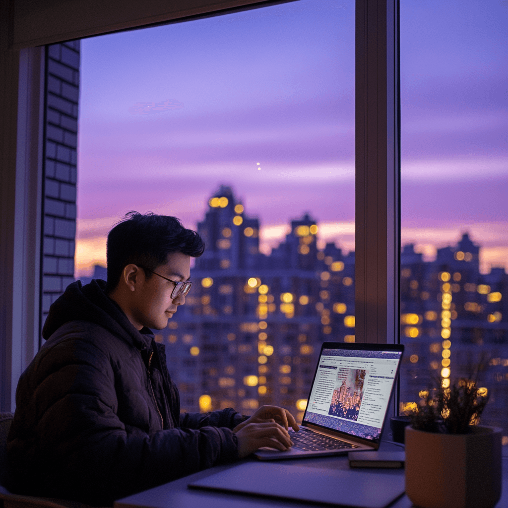 Student working in purple ambiance